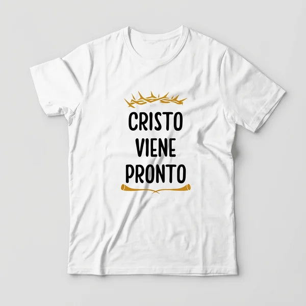 Remera blanca con el diseño Cristo viene pronto