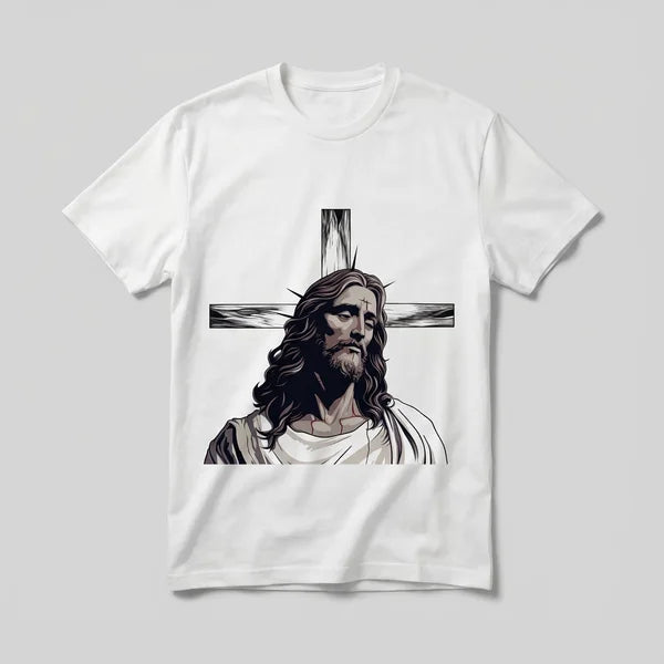 Remera con ilustración de Jesús y la cruz