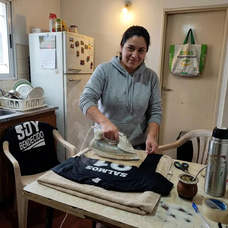Estampando una remera con la plancha sobre la mesa de la cocina